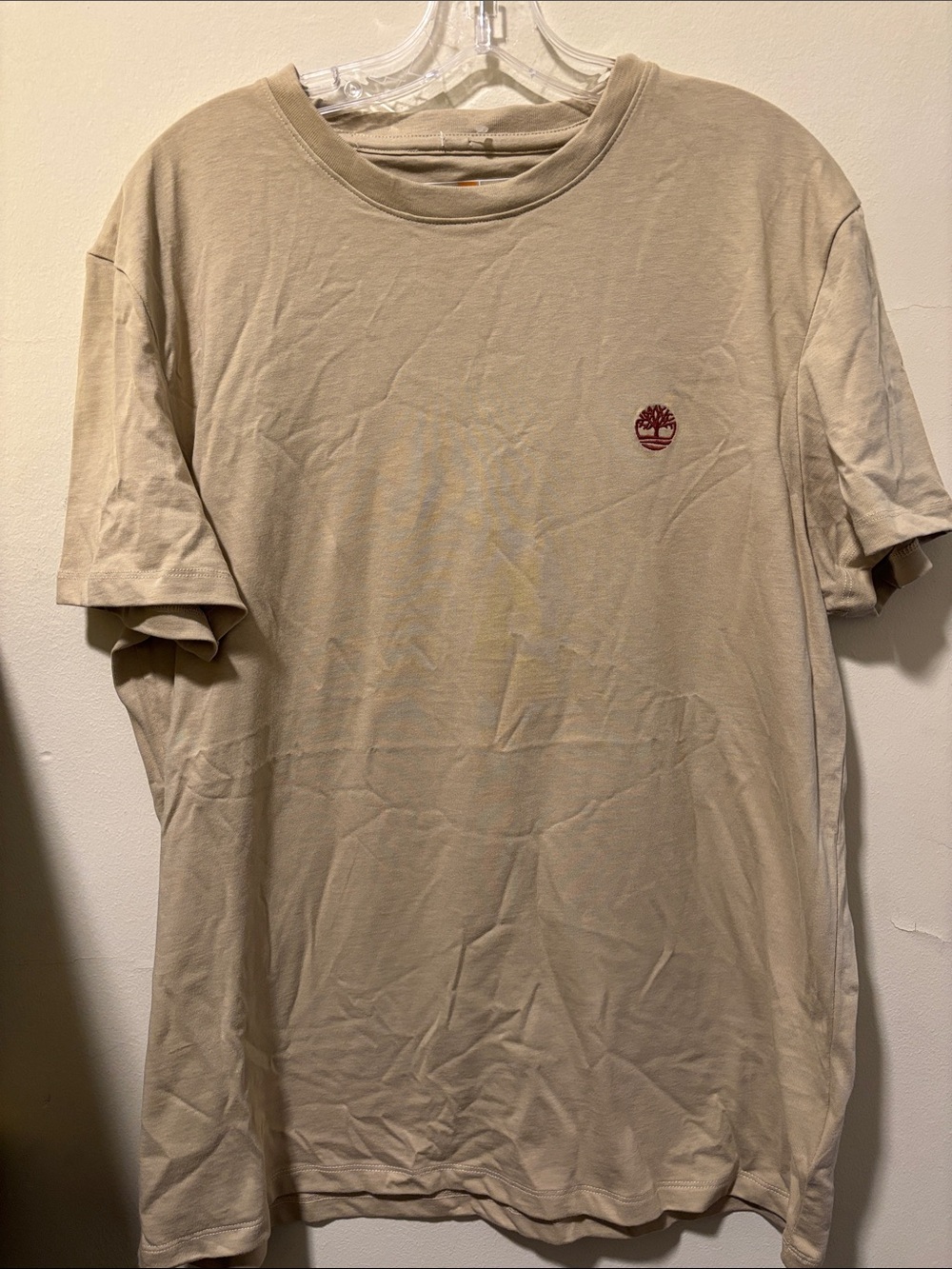 Timberland Beige Short Sleeve Tee with Small Maroon Tree Logo